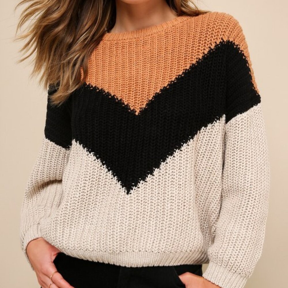 Lulus Autumn Leaves Tan Multi Chevron Stripe Knit Sweater Beige - Size XS